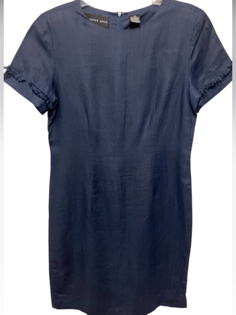August Silk Linen Summer Navy Blue Classic Career Sheath‎ Short Sleeve Dress 12